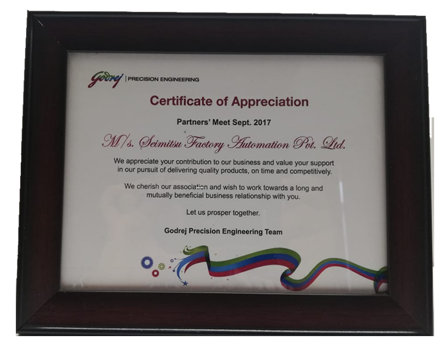 Appreciation certificate from Godrej in 2017